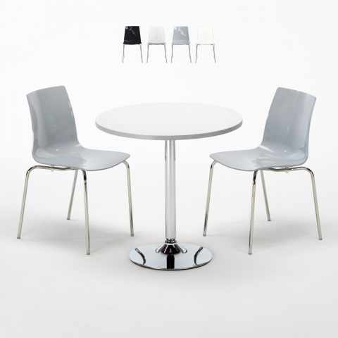 Ronde salontafel wit 70x70 cm met stalen onderstel en 2 gekleurde stoelen Lollipop Silver