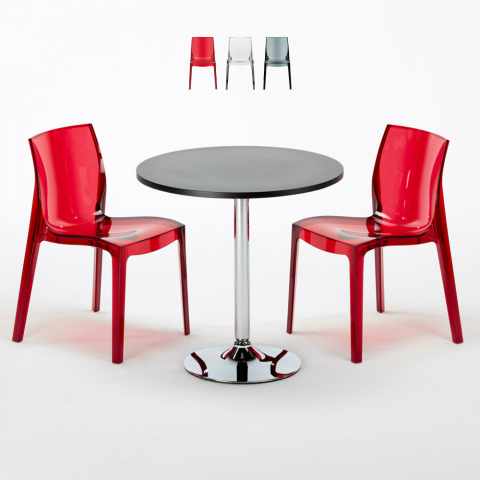 Ronde salontafel zwart 70x70 cm met stalen onderstel en 2 transparante stoelen Femme Fatale Ghost