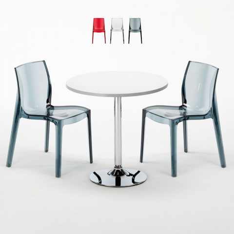 Ronde salontafel wit 70x70 cm met stalen onderstel en 2 transparante stoelen Femme Fatale Spectre