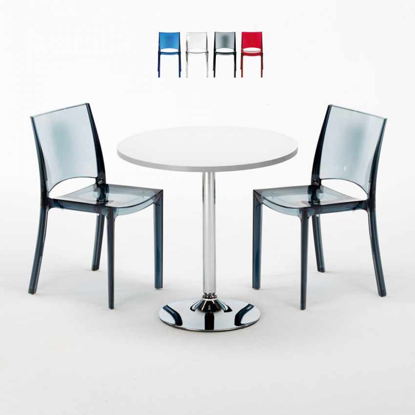 Ronde salontafel wit 70x70 cm met stalen onderstel en 2 transparante stoelen B-Side Spectre Aanbieding
