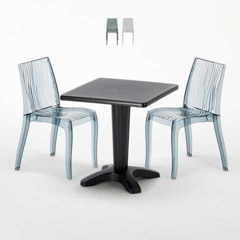 Vierkante salontafel zwart 70x70 cm met stalen onderstel en 2 transparante stoelen Dune Balcony