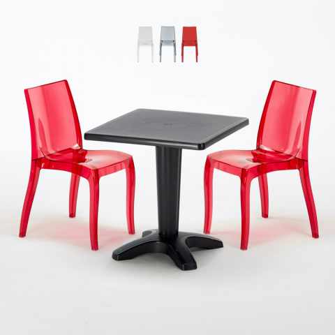 Vierkante salontafel zwart 70x70 cm met stalen onderstel en 2 transparante stoelen Cristal Light Balcony