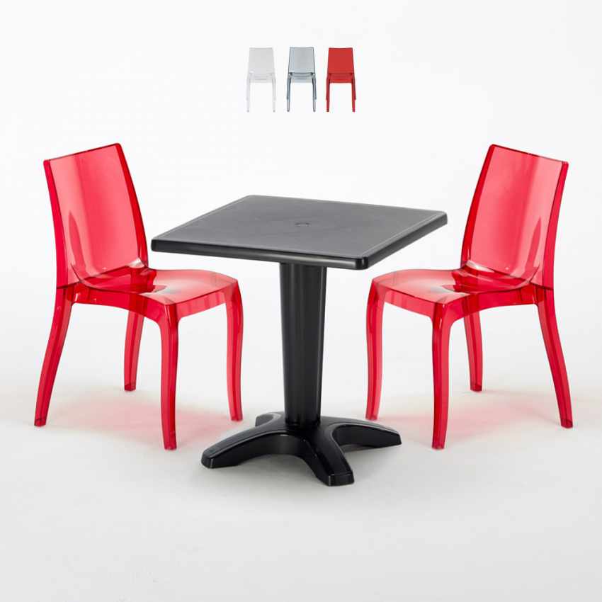 Vierkante salontafel zwart 70x70 cm met stalen onderstel en 2 transparante stoelen Cristal Light Balcony Aanbieding