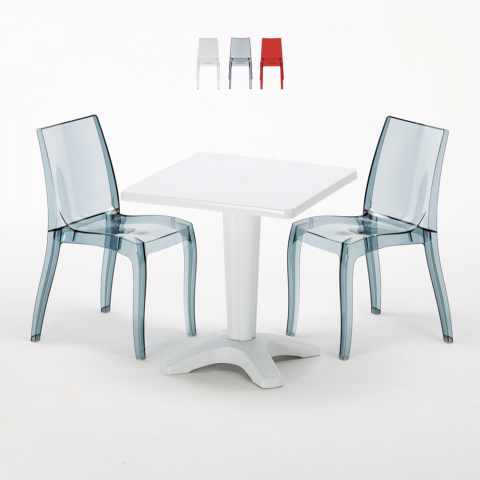 Vierkante salontafel wit 70x70 cm met stalen onderstel en 2 transparante stoelen Cristal Light Terrace