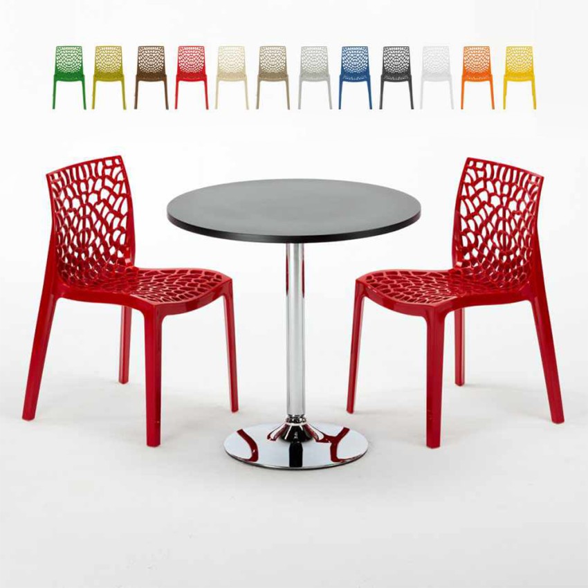 Table Ronde Noire 70x70cm Avec 2 Chaises Colorées Grand Soleil Set Intérieur Bar Café Gruvyer Cosmopolitan Modèle Table Ronde Noire 70x70cm Avec 2 Chaises Colorées Grand Soleil Set Intérieur Bar Café Gruvyer Cosmopolitan Modèle