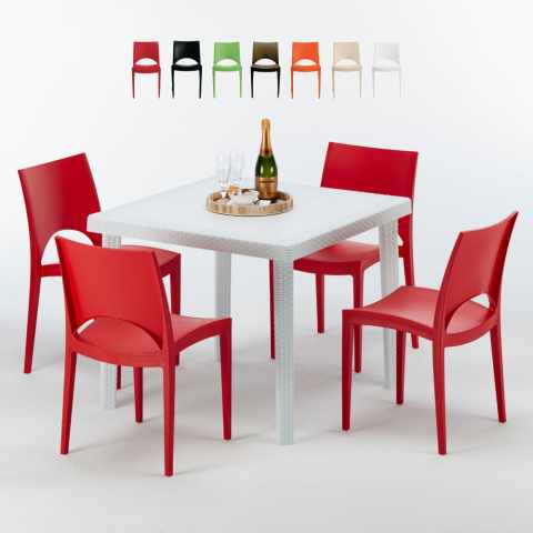 Vierkante salontafel wit 90x90 cm met stalen onderstel en 4 gekleurde stoelen Paris Love Aanbieding