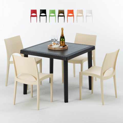 Vierkante salontafel zwart 90x90 cm met stalen onderstel en 4 gekleurde stoelen Paris Passion Aanbieding