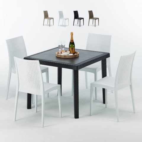 Vierkante salontafel zwart 90x90 cm met stalen onderstel en 4 gekleurde stoelen Bistrot Passion Aanbieding
