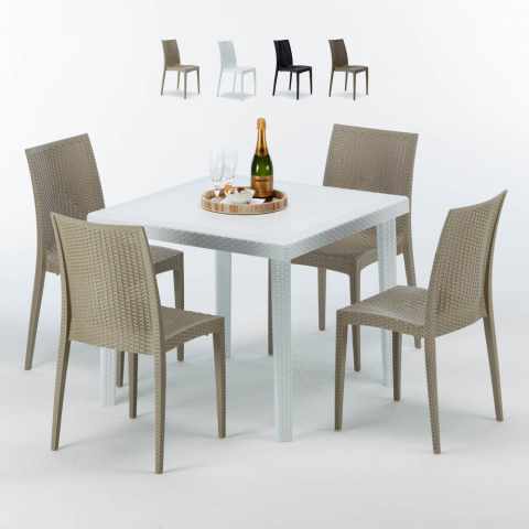 Vierkante salontafel wit 90x90 cm met stalen onderstel en 4 gekleurde stoelen Bistrot Love