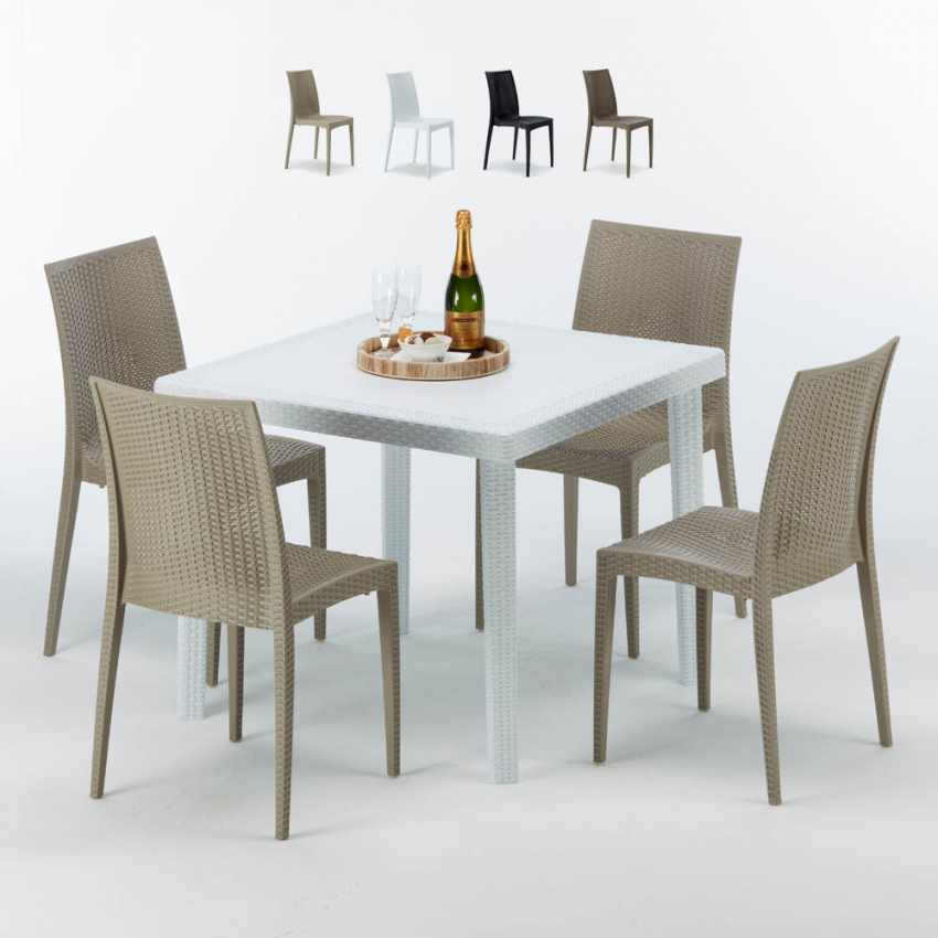 Table Carrée Blanche 90x90cm Avec 4 Chaises Colorées Grand Soleil Set Extérieur Bar Café Bistrot Love Promotion