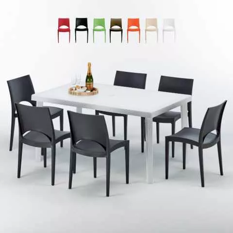 Rechthoekige salontafel wit 150x90 cm met stalen onderstel en 6 gekleurde stoelen Paris Summerlife