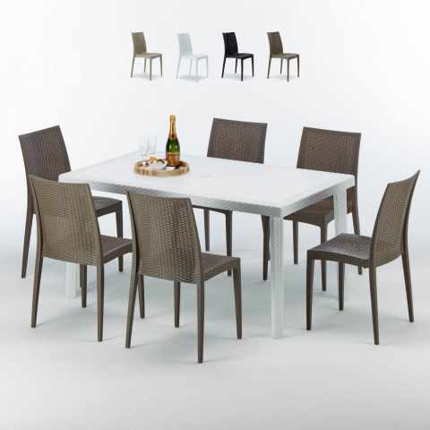 Table Rectangulaire Blanche 150x90cm Avec 6 Chaises Colorées Grand Soleil Set Extérieur Bar Café Bistrot Summerlife Promotion