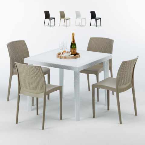 Table Carrée Blanche 90x90cm Avec 4 Chaises Colorées Grand Soleil Set Extérieur Bar Café Boheme Love Promotion