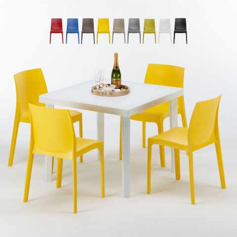 Vierkante salontafel wit 90x90 cm met stalen onderstel en 4 gekleurde stoelen Rome Love Aanbieding