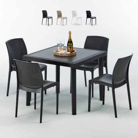 Vierkante salontafel zwart 90x90 cm met stalen onderstel en 4 gekleurde stoelen Boheme Passion Aanbieding