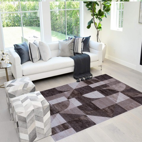 Tapis rectangulaire géométrique marron moderne salon Double MAR009 Promotion