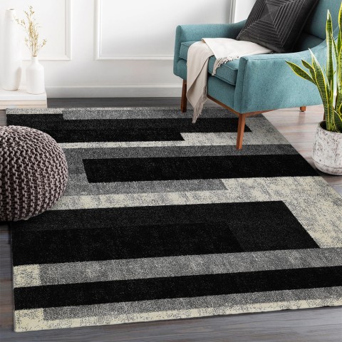 Tapis moderne design géométrique à poil court gris blanc noir GRI224 Promotion