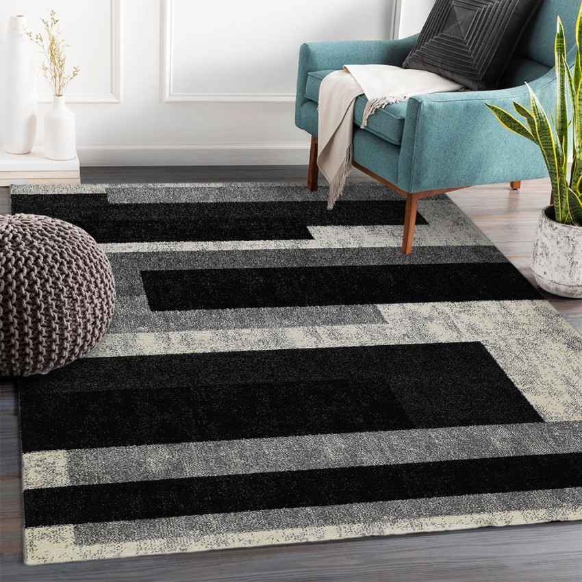 Tapis moderne design géométrique à poil court gris blanc noir GRI224 Promotion