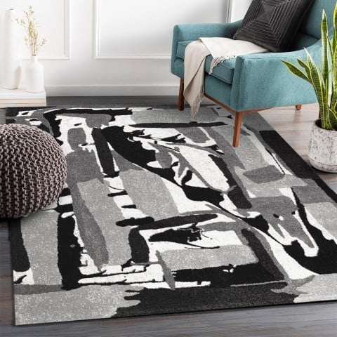 Rechthoekig modern zwart wit grijs abstract patroon tapijt GRI227 Aanbieding