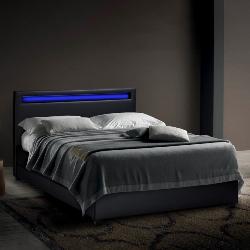 Modern tweepersoons bed Geneva King met Led-hoofdbord en lades, 160x190cm Aanbieding