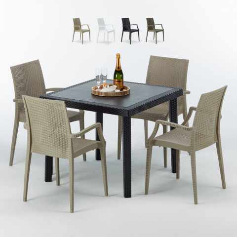 Table Carrée Noire 90x90cm Avec 4 Chaises Colorées Grand Soleil Set Extérieur Bar Café ARM Bistrot Passion Promotion