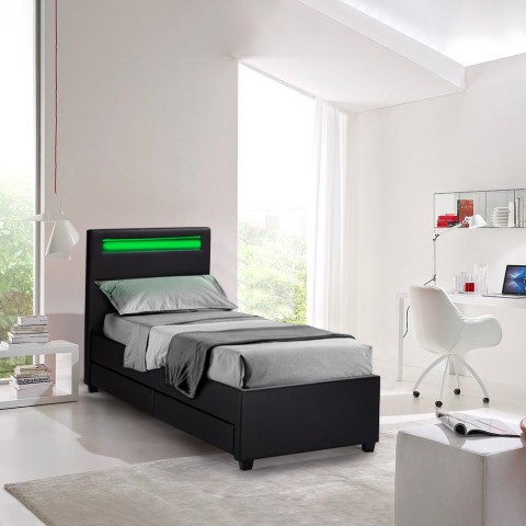 Eenpersoons bed met LED-hoofdbord en lades 80x190 cm Geneva Twin Aanbieding