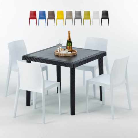 Vierkante salontafel zwart 90x90 cm met stalen onderstel en 4 gekleurde stoelen Rome Passion Aanbieding