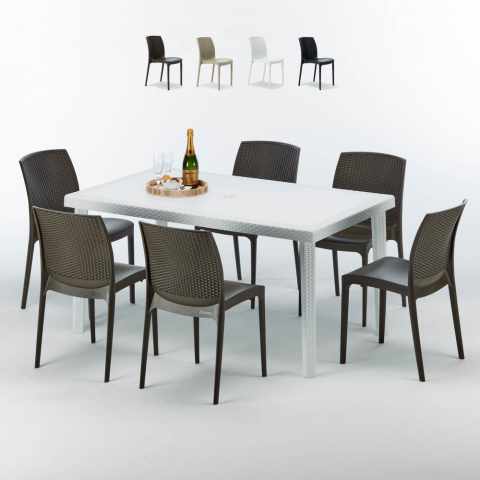 Table Rectangulaire Blanche 150x90cm Avec 6 Chaises Colorées Grand Soleil Set Extérieur Bar Café Boheme SummerLIFE