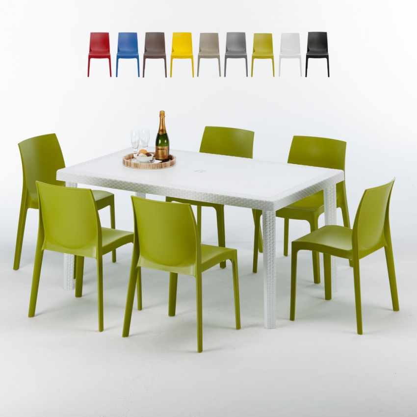 Rechthoekige tafel wit 150x90 cm met stalen onderstel en 4 gekleurde stoelen Rome Summerlife Aanbieding Rechthoekige tafel wit 150x90 cm met stalen onderstel en 4 gekleurde stoelen Rome Summerlife Aanbieding