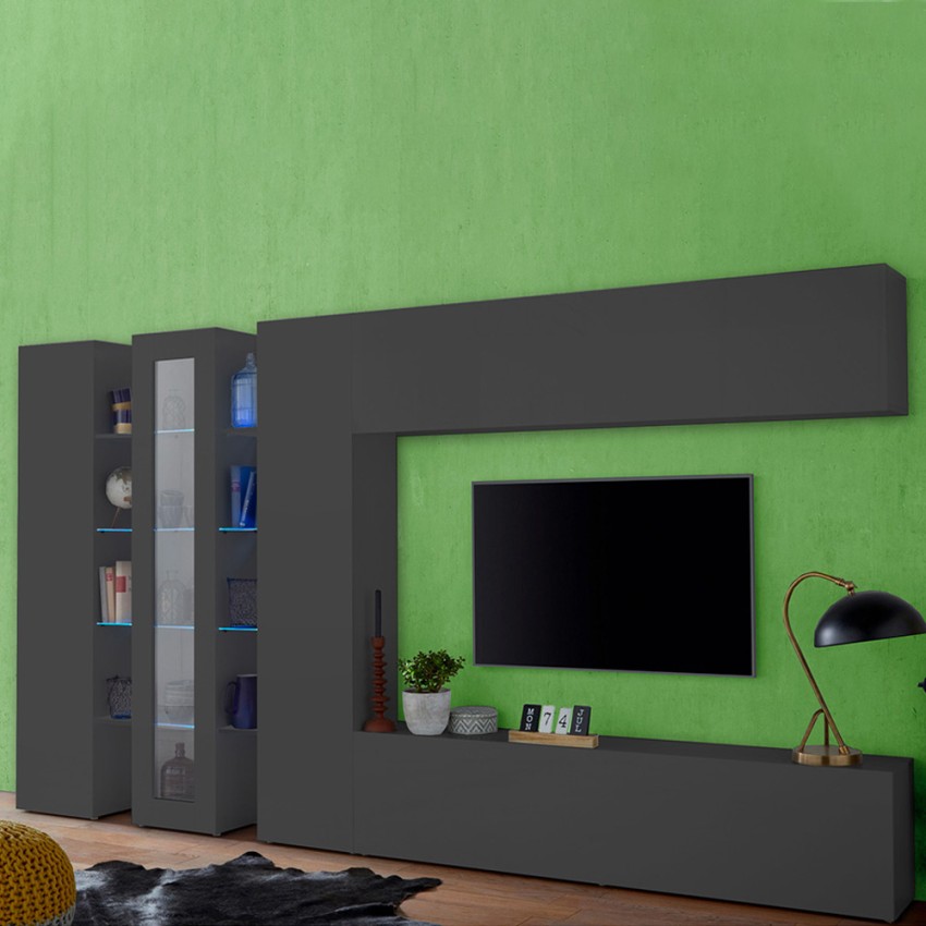 Moderne grijze wandmeubel met tv-kast, 2 hangkasten Note Wide Aanbieding Moderne grijze wandmeubel met tv-kast, 2 hangkasten Note Wide Aanbieding