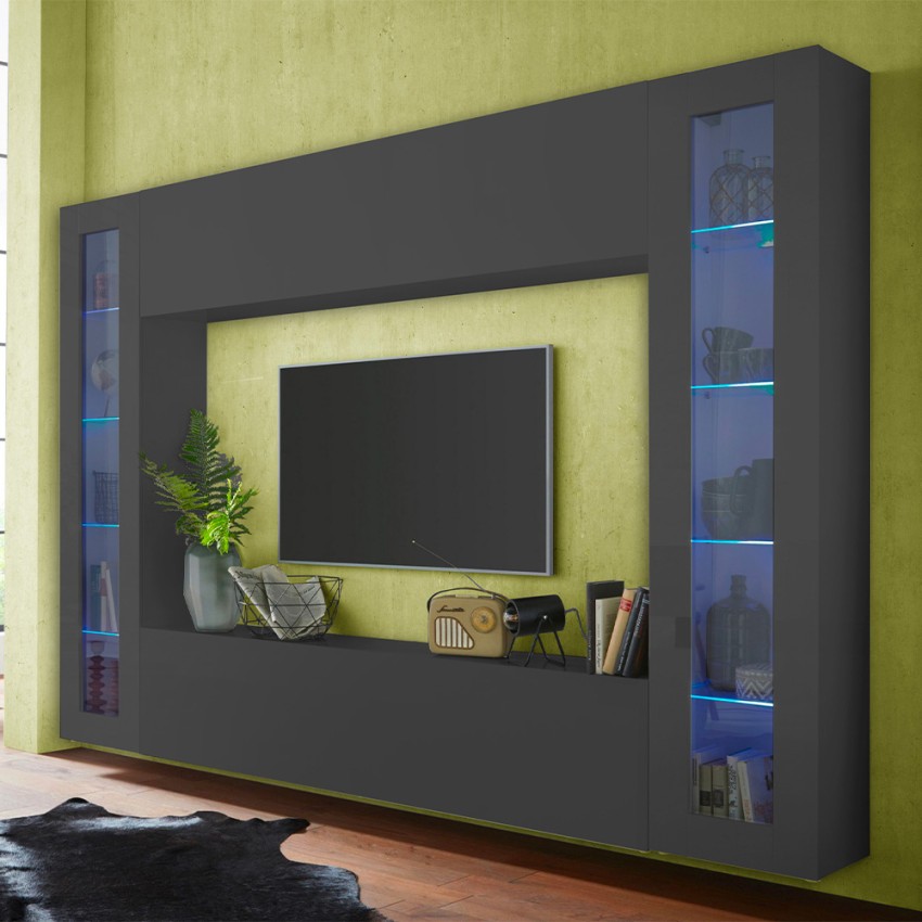 Moderne wandmeubel voor TV met zwevende kastjes en 2 vitrines Note Frame Aanbieding Moderne wandmeubel voor TV met zwevende kastjes en 2 vitrines Note Frame Aanbieding