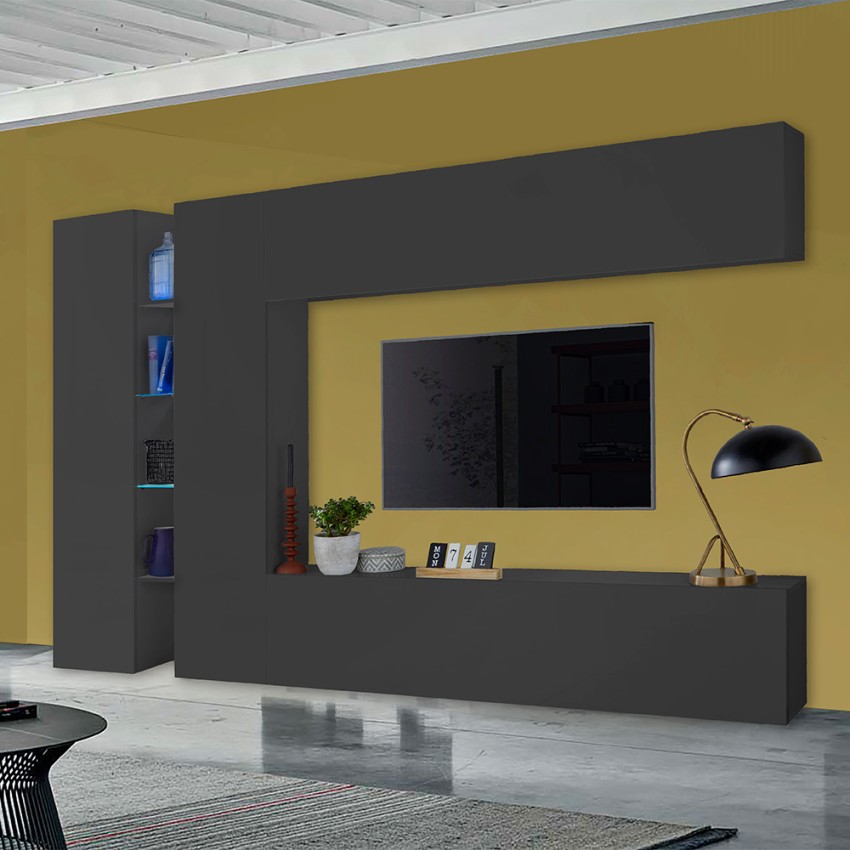 Zwarte moderne wandmeubel TV-kast 2 kasten 4 planken Note Twin Aanbieding Zwarte moderne wandmeubel TV-kast 2 kasten 4 planken Note Twin Aanbieding