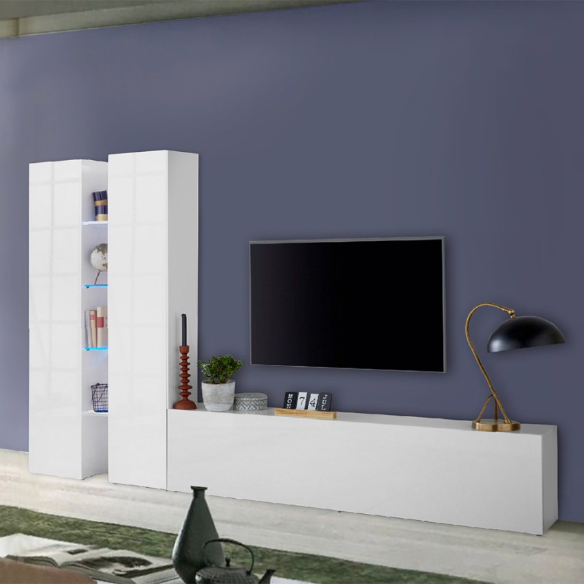 Witte wandkast lage TV-meubel 4 planken 2 kasten Sage WH Aanbieding Witte wandkast lage TV-meubel 4 planken 2 kasten Sage WH Aanbieding