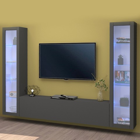 Hangend TV meubel wandmeubel modern design zwart 2 vitrines Liv RT Aanbieding