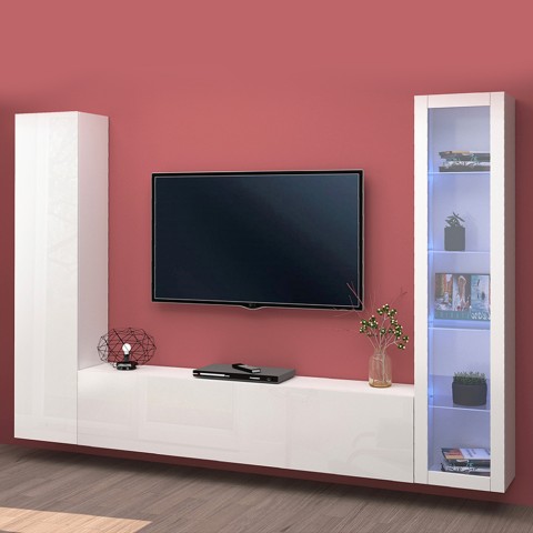 Witte woonwand met zwevende tv-kast, vitrinekast en kledingkast Peris WH Aanbieding