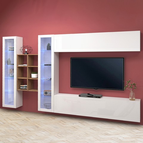 Wit wandmeubel hangend TV-meubel boekenkast 2 vitrinekasten Kary WH Aanbieding