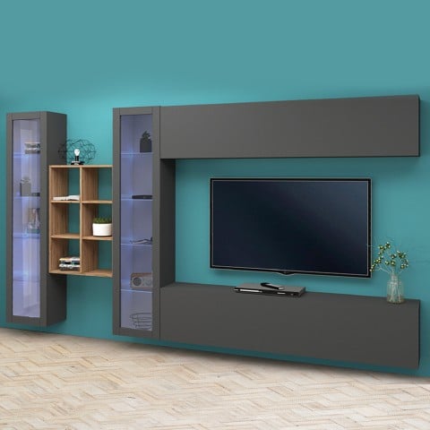 Zwevende wandmeubel TV-kast met 2 vitrinekasten en boekenkast hout Kary RT Aanbieding