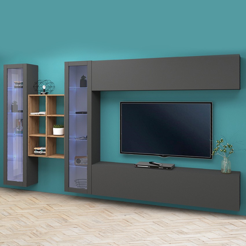 Zwevende wandmeubel TV-kast met 2 vitrinekasten en boekenkast hout Kary RT Aanbieding Zwevende wandmeubel TV-kast met 2 vitrinekasten en boekenkast hout Kary RT Aanbieding