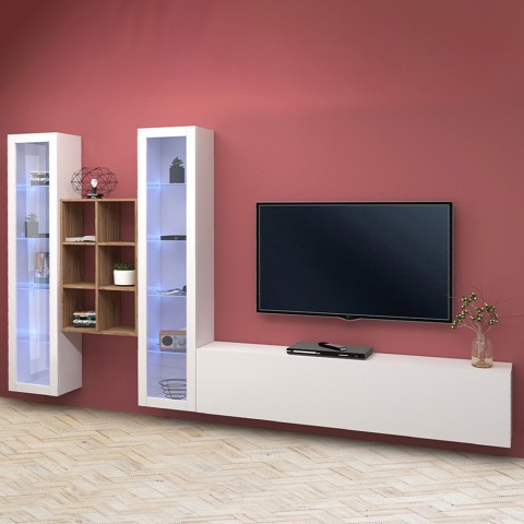 Wit tv-meubel aan de muur 2 vitrines boekenkast Yves WH Aanbieding