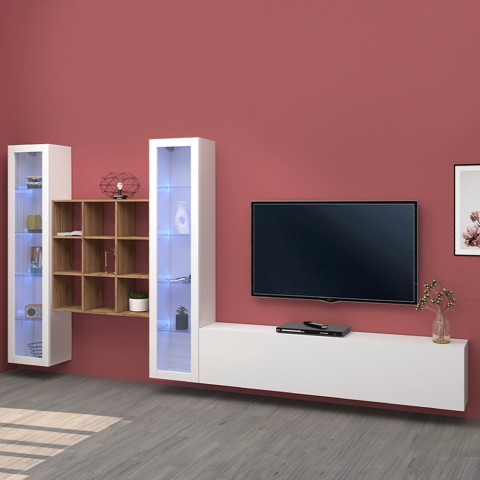 Meuble TV blanc bibliothèque en bois 2 vitrines Onir WH Promotion