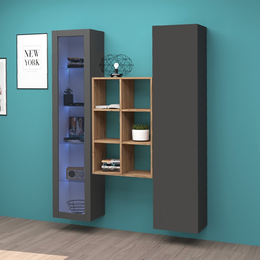 Moderne wandmeubel met vitrine, kast en boekenkast van hout Teret RT Aanbieding Moderne wandmeubel met vitrine, kast en boekenkast van hout Teret RT Aanbieding