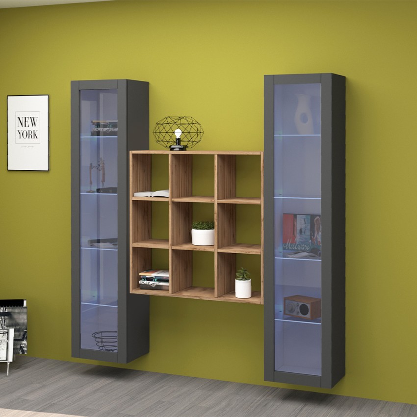 Wandmeubel woonkamer met 2 vitrinekasten moderne houten boekenkast Vila RT Aanbieding Wandmeubel woonkamer met 2 vitrinekasten moderne houten boekenkast Vila RT Aanbieding
