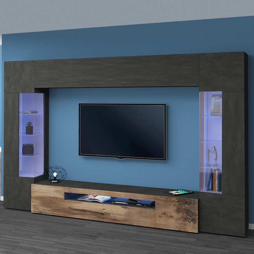 Moderne zwarte TV-wandmeubel hout met 2 vitrinekasten hangend Sultan AP Aanbieding