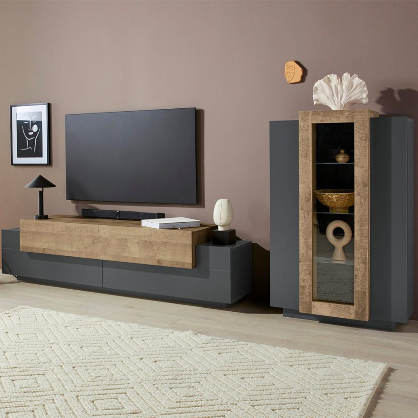 Moderne zwarte en houten wandmeubel met TV-meubel en vitrinekast Woud AP Aanbieding Moderne zwarte en houten wandmeubel met TV-meubel en vitrinekast Woud AP Aanbieding