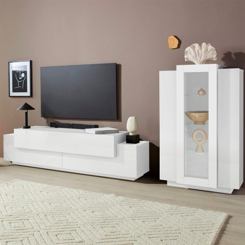 Woud WH Meuble TV blanc de salon avec meuble vitrine Promotion