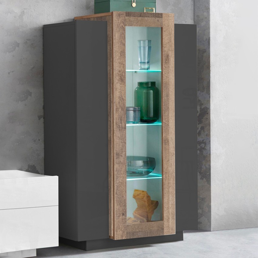 Moderne zwarte en houten hoge vitrine voor woonkamer 80x120cm Corona Hound Aanbieding Moderne zwarte en houten hoge vitrine voor woonkamer 80x120cm Corona Hound Aanbieding