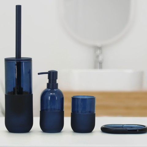 Badkamer accessoire set zeepbakje glas tandenborstel houder blauw Midnight Aanbieding