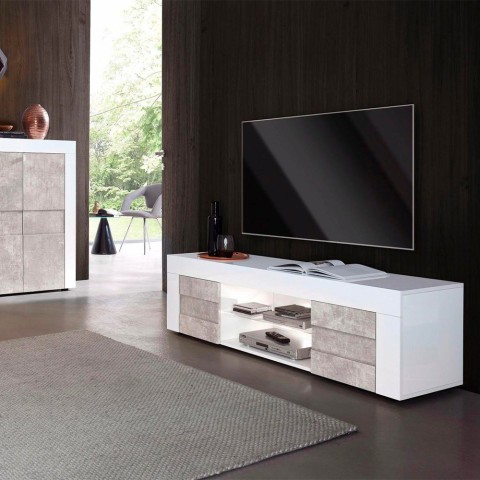 Meuble TV moderne à 2 portes 180 cm blanc gris Wireburn Grande Easy Promotion