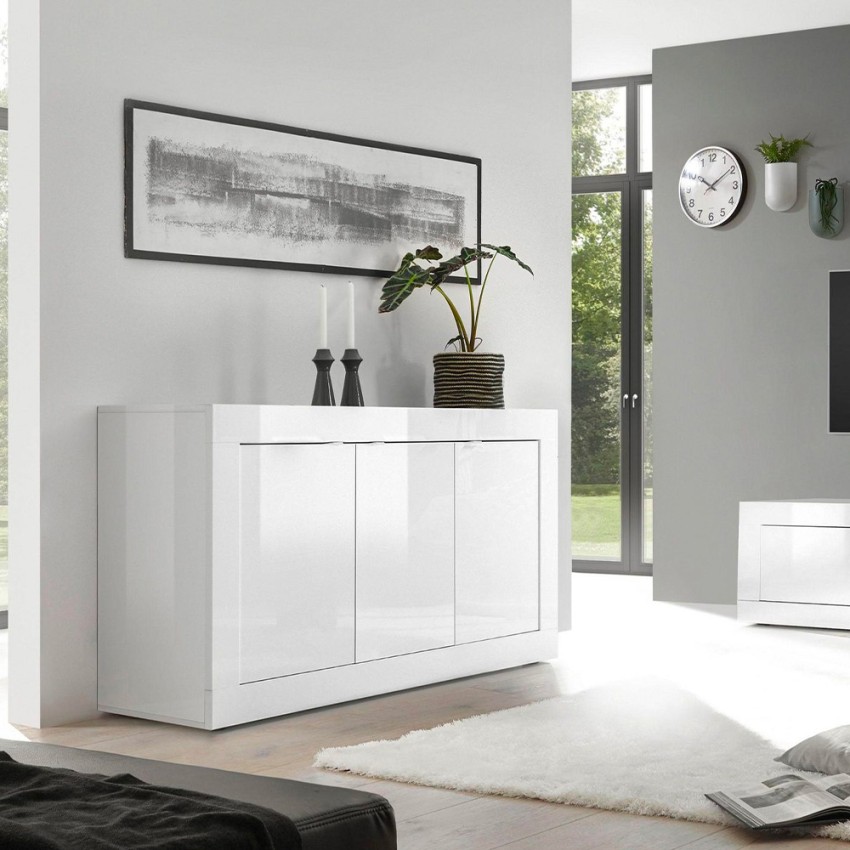 Witte glanzende dressoir 3 deuren woonkamermodel 160cm Modis Wh Basic Aanbieding