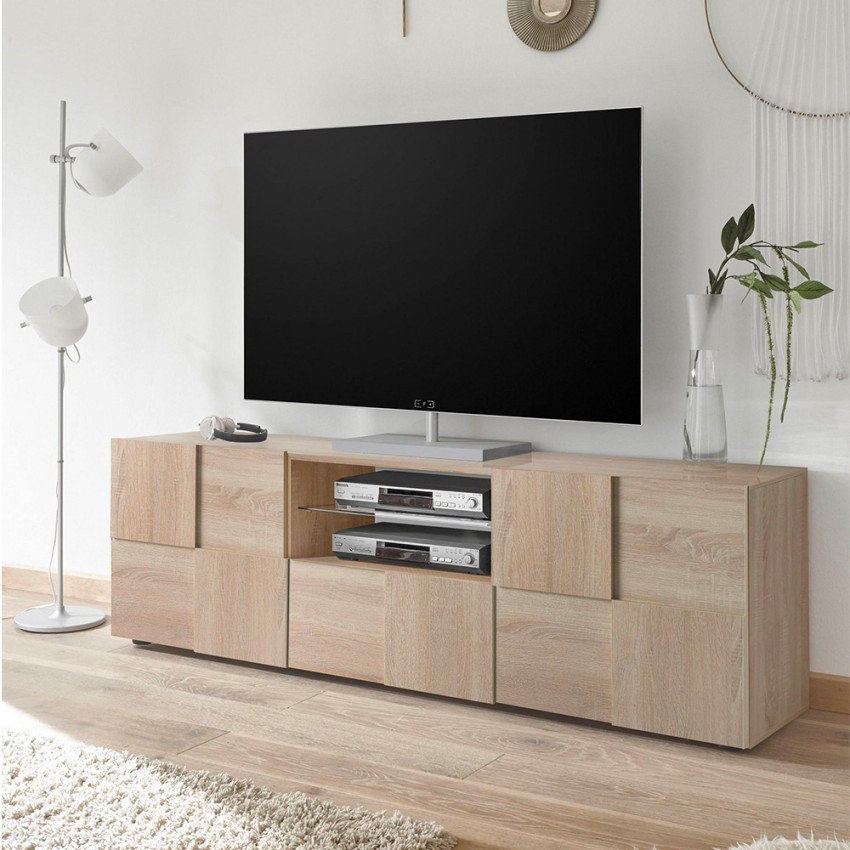 TV-meubel met 2 deuren en lade in hout, schaakbordontwerp Tecum Sm Dama Aanbieding TV-meubel met 2 deuren en lade in hout, schaakbordontwerp Tecum Sm Dama Aanbieding